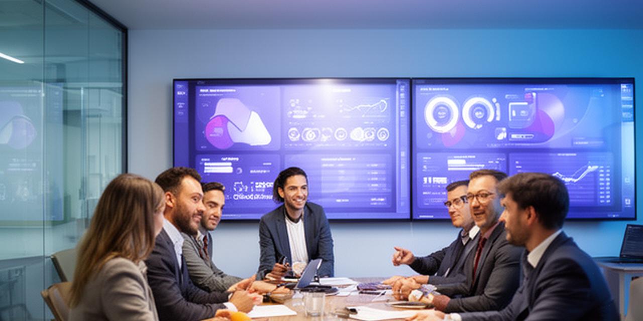 A modern London analytics meeting space with a large dashboard display, soft gradient lighting, and a consultant discussing live business metrics with clients