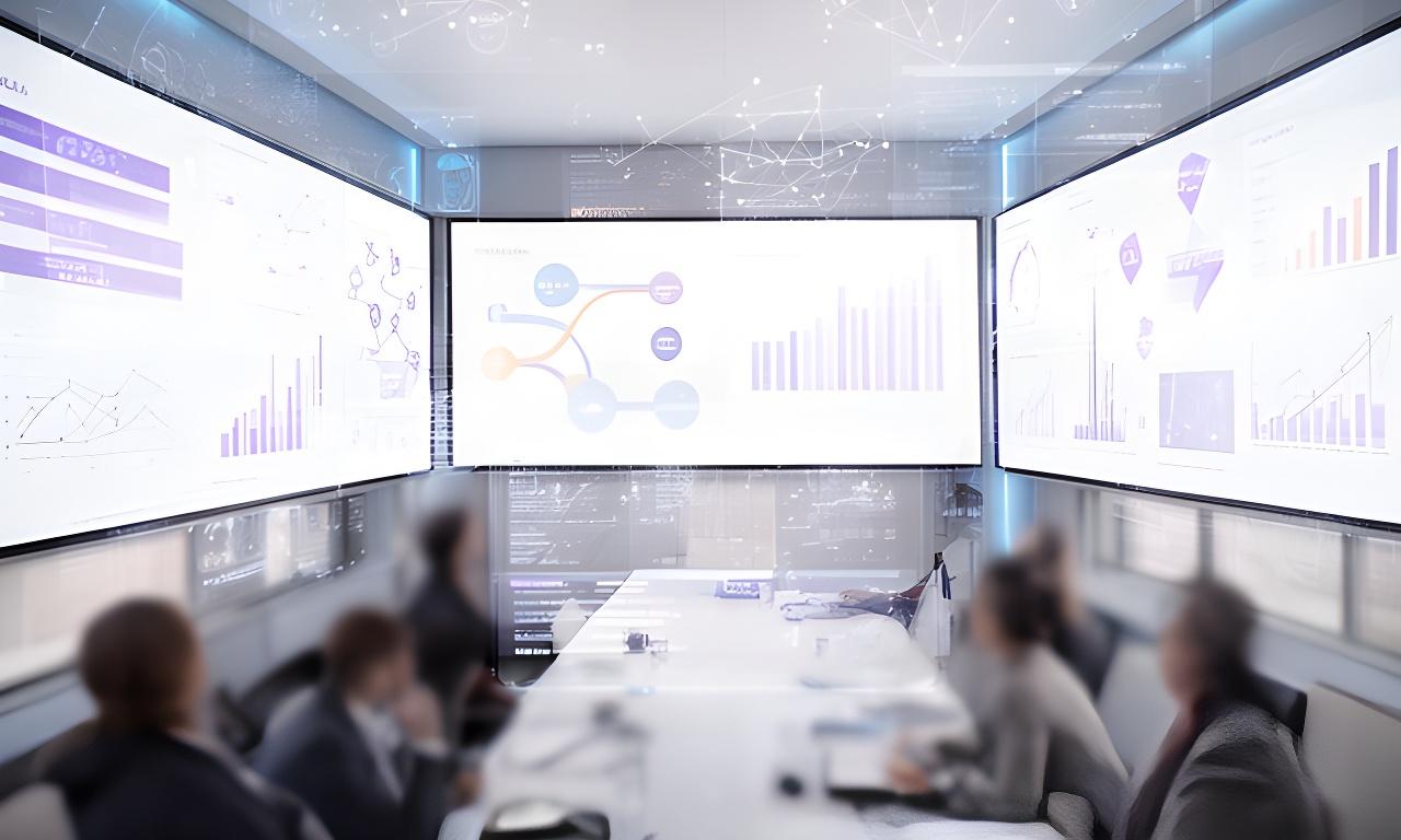 Wide dashboard collage on multiple screens in a modern London meeting room with live charts and executive summaries