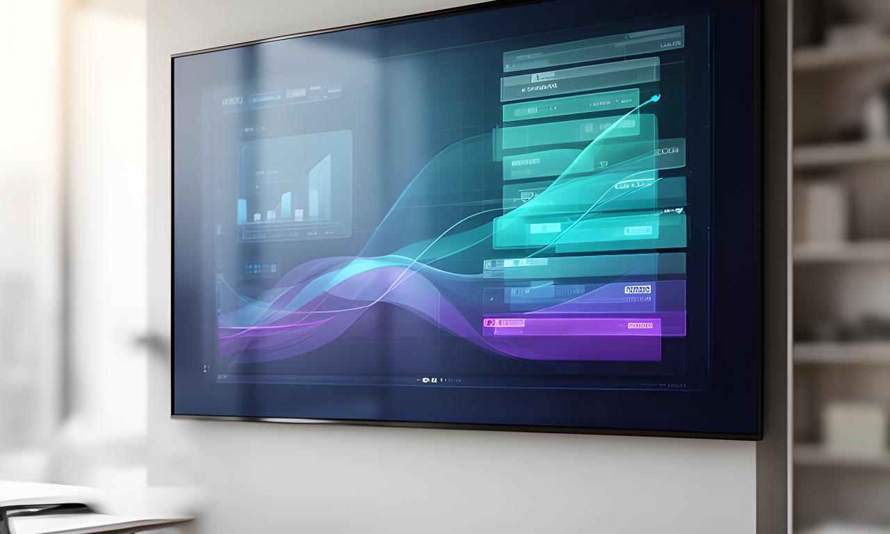 Elegant financial dashboard displayed on a large monitor in a modern London office with cash flow graphs and P and L summaries