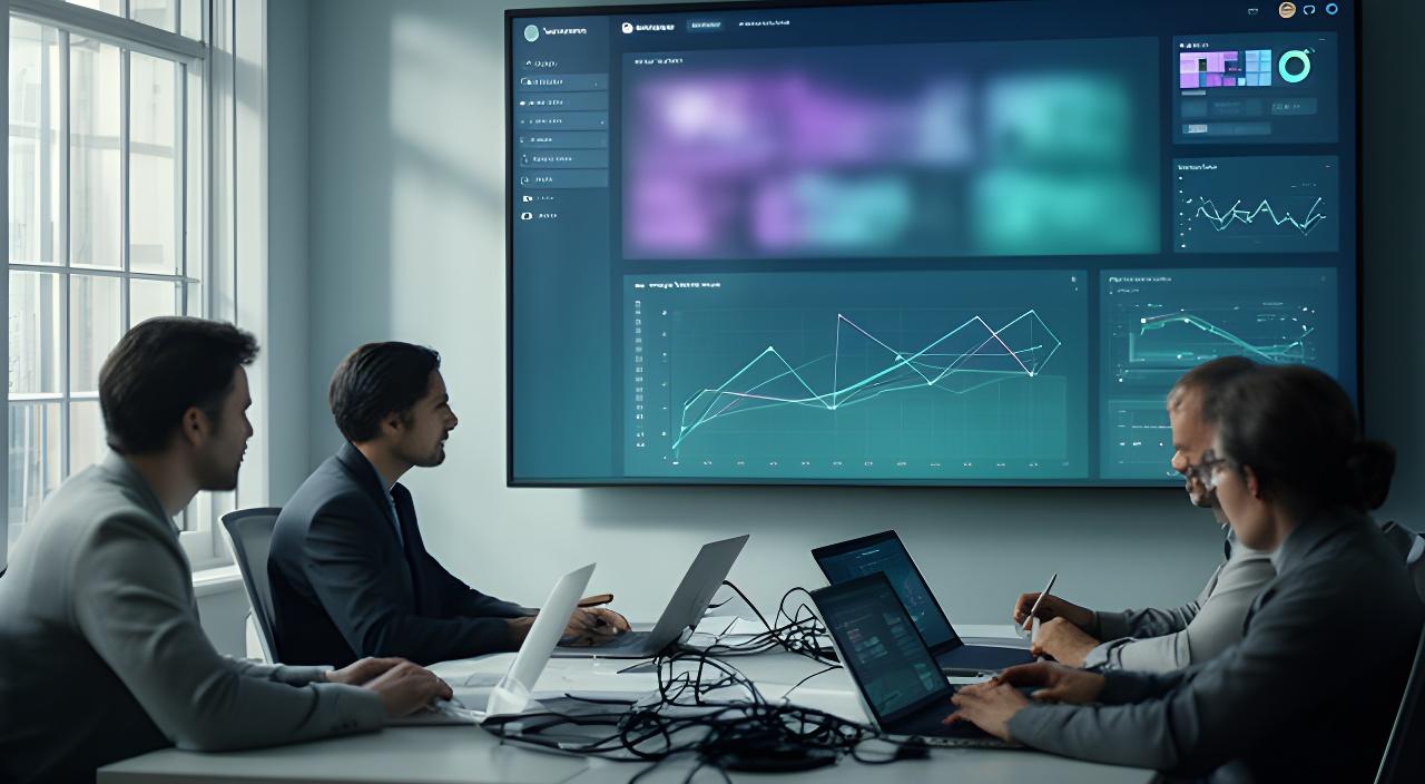 Fraud operations team viewing a real-time transaction dashboard on a large screen in a modern London workspace
