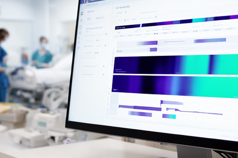 Hospital bed occupancy dashboard on a monitor beside a nurse station showing ward capacity and discharge timing