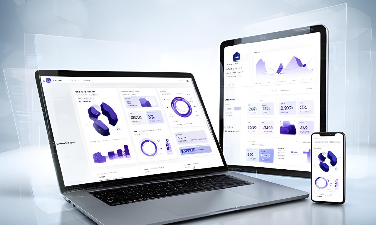Modern AI dashboard displayed across a laptop, tablet and phone in a bright studio setting with layered charts and live metrics