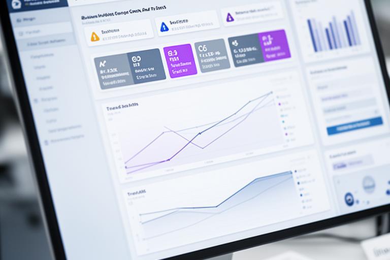Close-up of a business intelligence dashboard with trend lines, alert cards and KPI tiles on a modern desktop screen