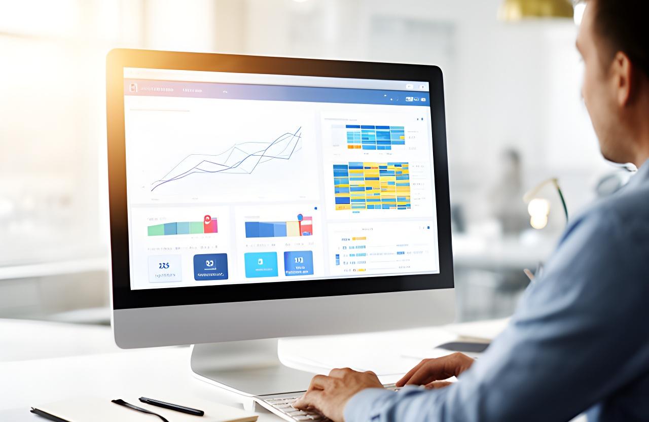 Analyst reviewing a campaign dashboard on a desktop screen inside a bright London agency office