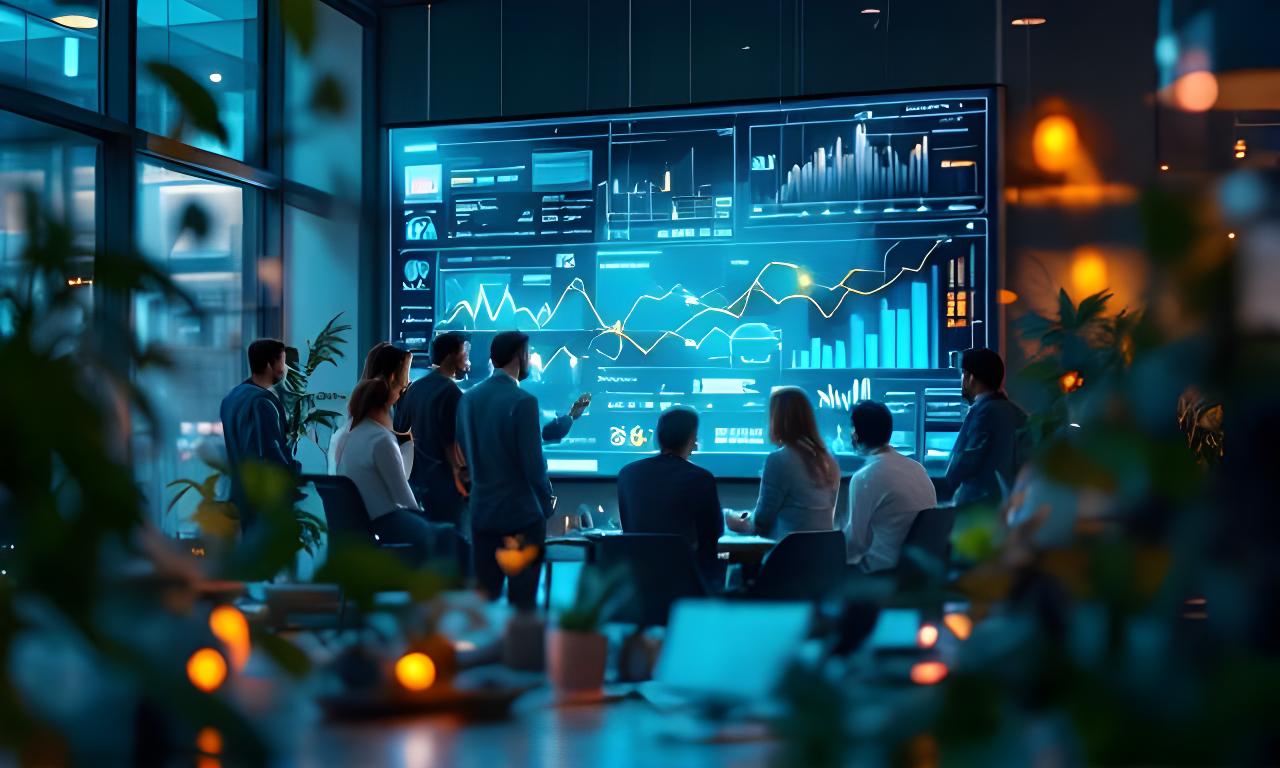 AI analytics team collaborating around a large dashboard display in a London office with city light through the windows
