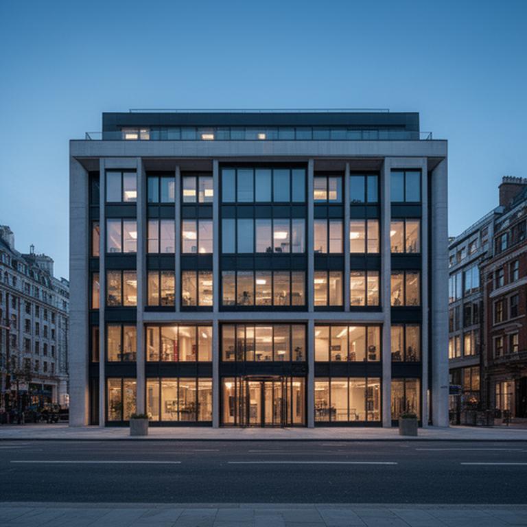 Modern London office exterior on Islip Street at dusk with warm interior lights and a calm city atmosphere