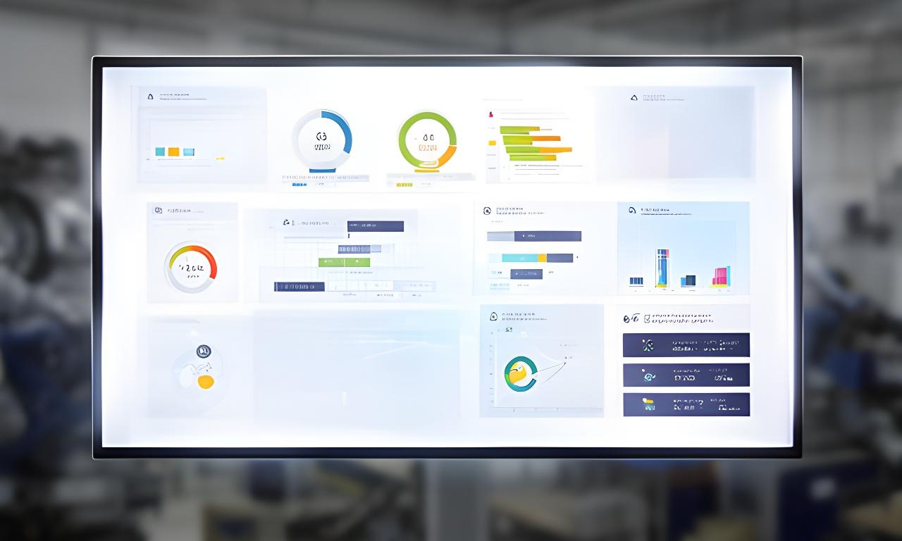 Interactive manufacturing dashboard with equipment health indicators, yield charts, and supply chain status cards