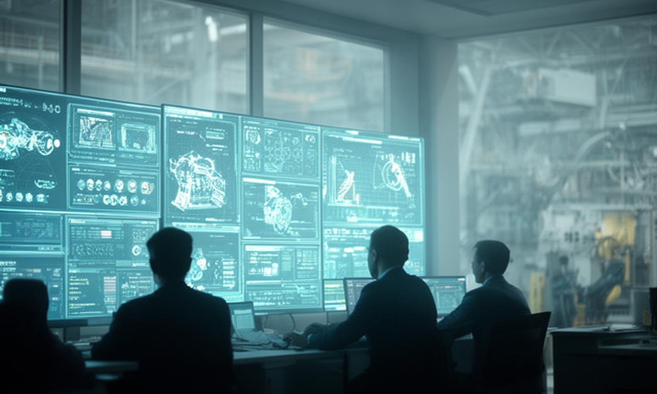 Factory control room with a predictive maintenance dashboard glowing on large screens, showing equipment status and production trends