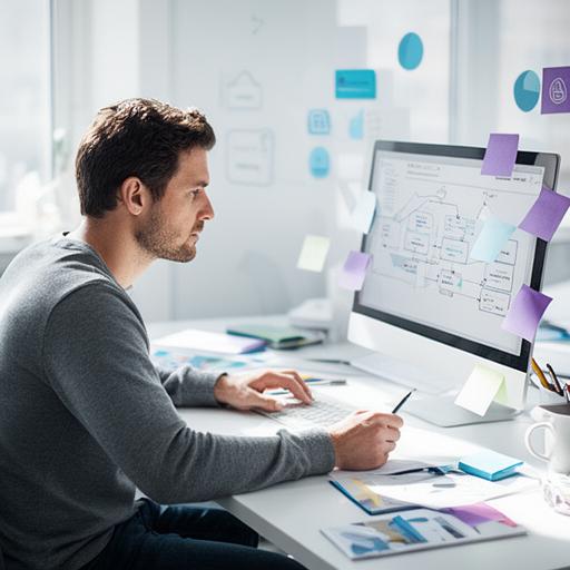 Male engineering lead working on data architecture diagrams in a bright product studio