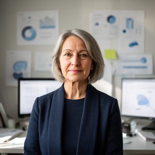 Lead data scientist in a London studio, standing beside dashboard sketches and strategy notes