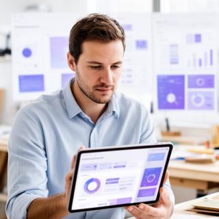UI and UX architect reviewing dashboard layouts on a tablet in a bright workshop