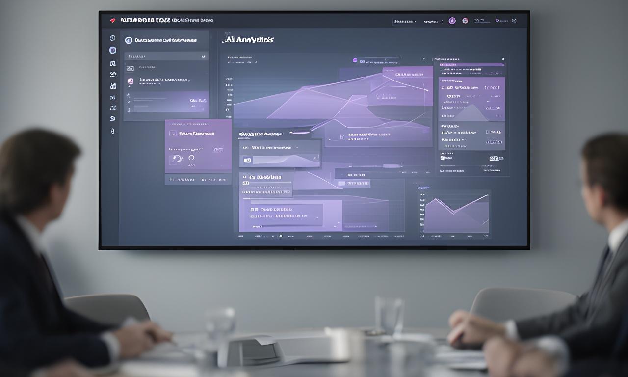 A modern AI analytics dashboard displayed on a wide screen in a calm London meeting room with layered charts and compliance notes