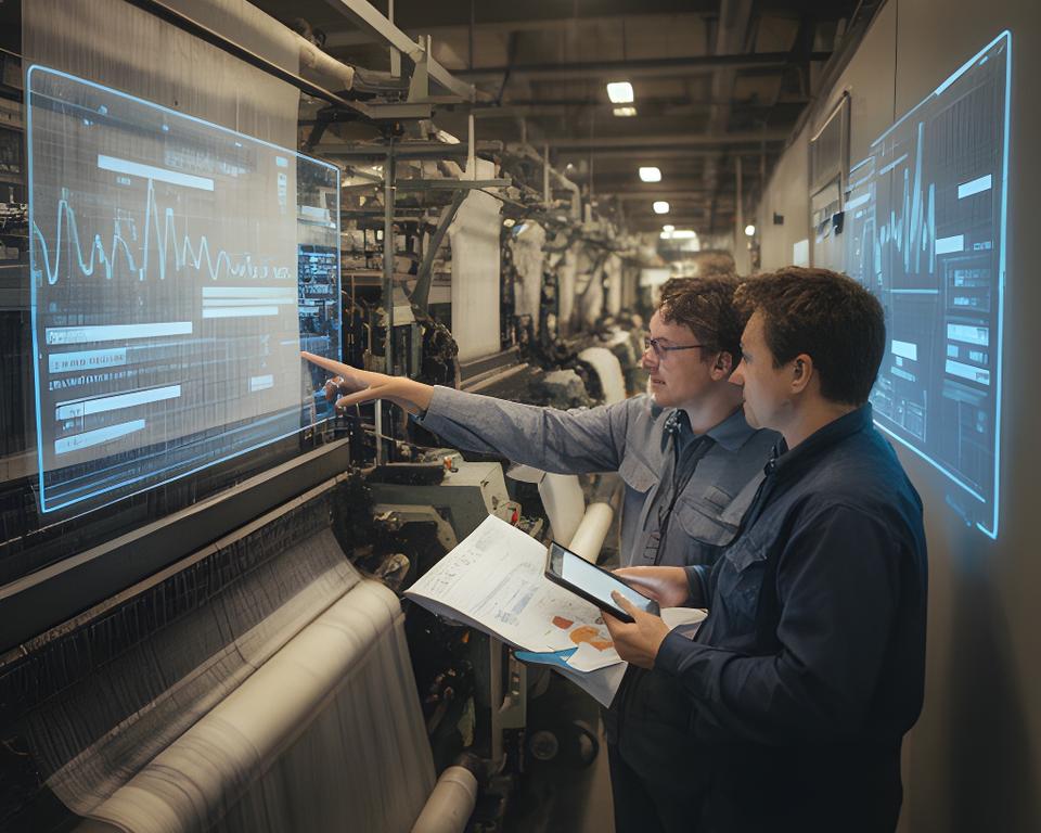Textile production line with engineers reviewing a maintenance timeline beside looms and sensor readouts